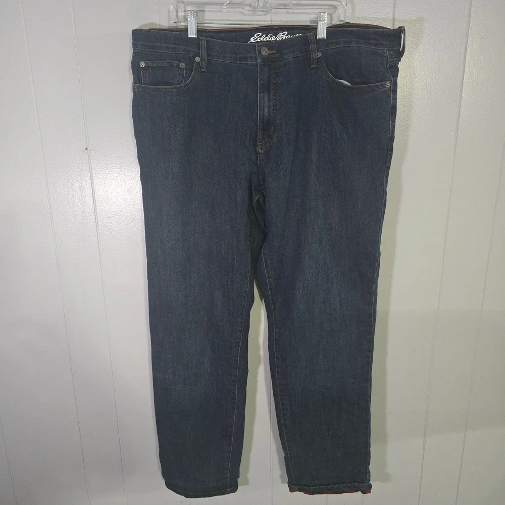 Eddie Bauer Men's 40x34 Flannel Lined Straight Fit Jeans Blue Buffalo Plaid Warm